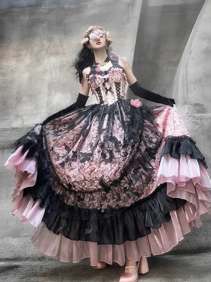 Hime Lolita Tea Party Blue-pink Rose Wedding Ruffles Flowers Floral Print Dresses Graduation Ceremony