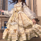 Hime Lolita Cake Dresses Apricot Classic Court Style Heavy Lolita Flap Princess Dress Long Sleeve Princess Sleeve Long Dresses