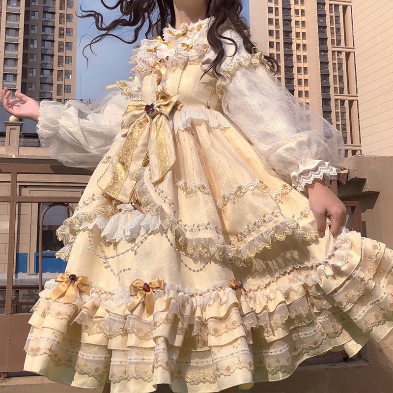 Hime Lolita Cake Dresses Apricot Classic Court Style Heavy Lolita Flap Princess Dress Long Sleeve Princess Sleeve Long Dresses