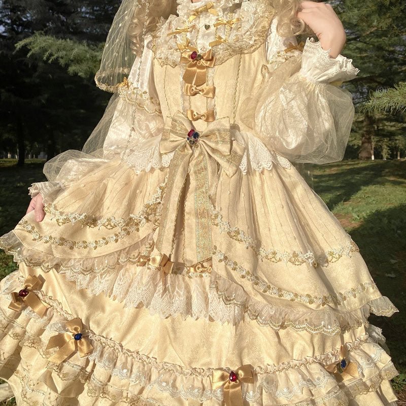 Hime Lolita Cake Dresses Apricot Classic Court Style Heavy Lolita Flap Princess Dress Long Sleeve Princess Sleeve Long Dresses