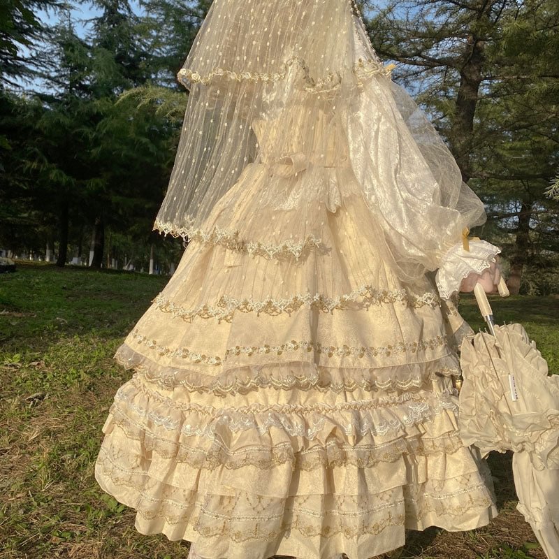 Hime Lolita Cake Dresses Apricot Classic Court Style Heavy Lolita Flap Princess Dress Long Sleeve Princess Sleeve Long Dresses