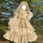 Hime Lolita Cake Dresses Apricot Classic Court Style Heavy Lolita Flap Princess Dress Long Sleeve Princess Sleeve Long Dresses