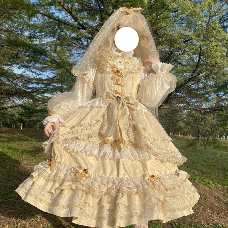 Hime Lolita Cake Dresses Apricot Classic Court Style Heavy Lolita Flap Princess Dress Long Sleeve Princess Sleeve Long Dresses