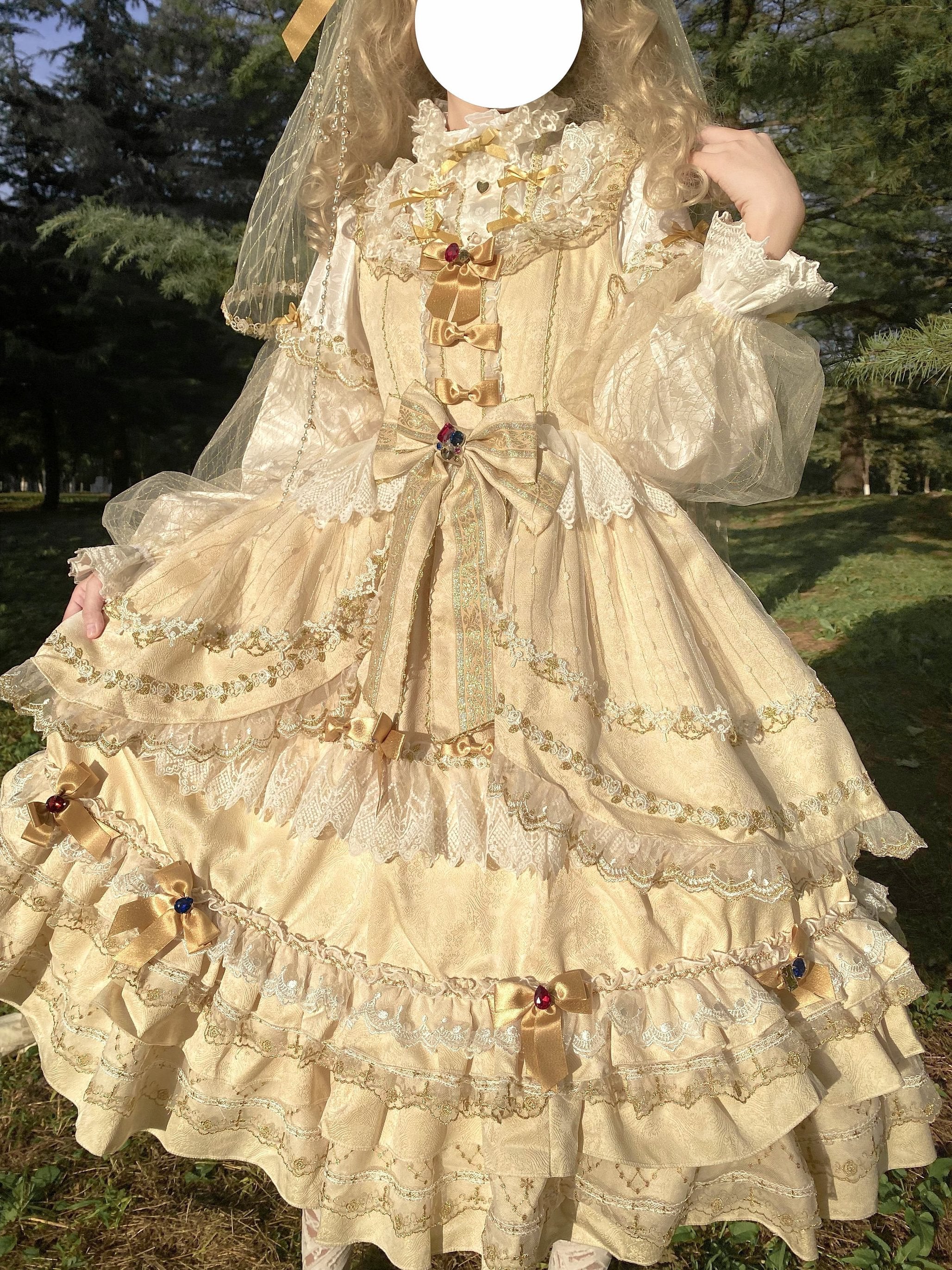 Hime Lolita Cake Dresses Apricot Classic Court Style Heavy Lolita Flap Princess Dress Long Sleeve Princess Sleeve Long Dresses