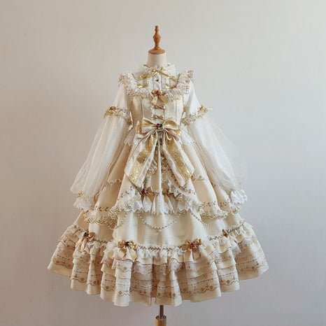 Hime Lolita Cake Dresses Apricot Classic Court Style Heavy Lolita Flap Princess Dress Long Sleeve Princess Sleeve Long Dresses