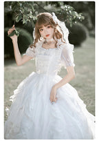 Hime Lolita Elegant White Sweet Wedding Dress Fairy Short Sleeve Lolita Dress Princess Gorgeous