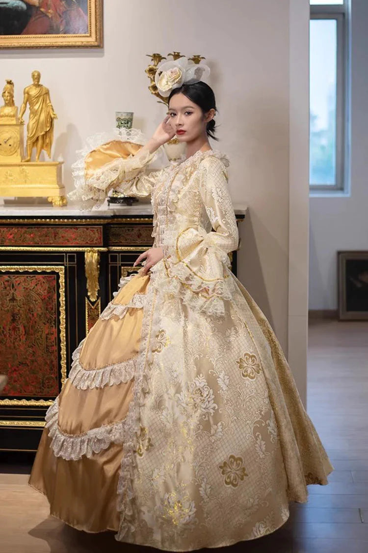 This dress is a tribute to the opulence of history, weaving together the grandeur of medieval courts and the refinement of Victorian elegance. Meticulous gold embroidery evokes royal craftsmanship, while the structured silhouette and lavish details—from lace trims to cascading skirts—celebrate timeless luxury. Designed for modern dreamers, it bridges centuries of artistry, allowing the wearer to embody a narrative where fantasy and heritage dance in harmonious splendor.