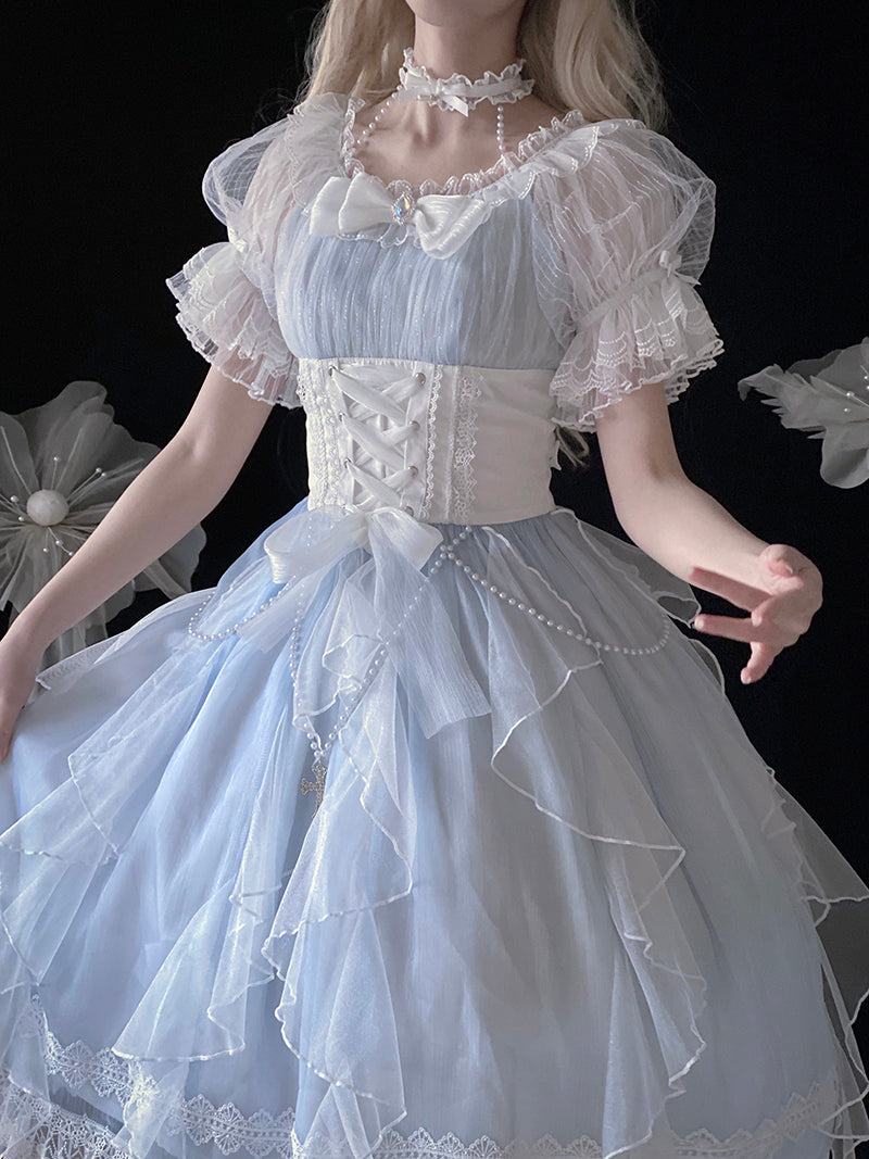 Hime Lolita Light Blue Sheer Tulle Dress One- piece Dress Lolita Clothing