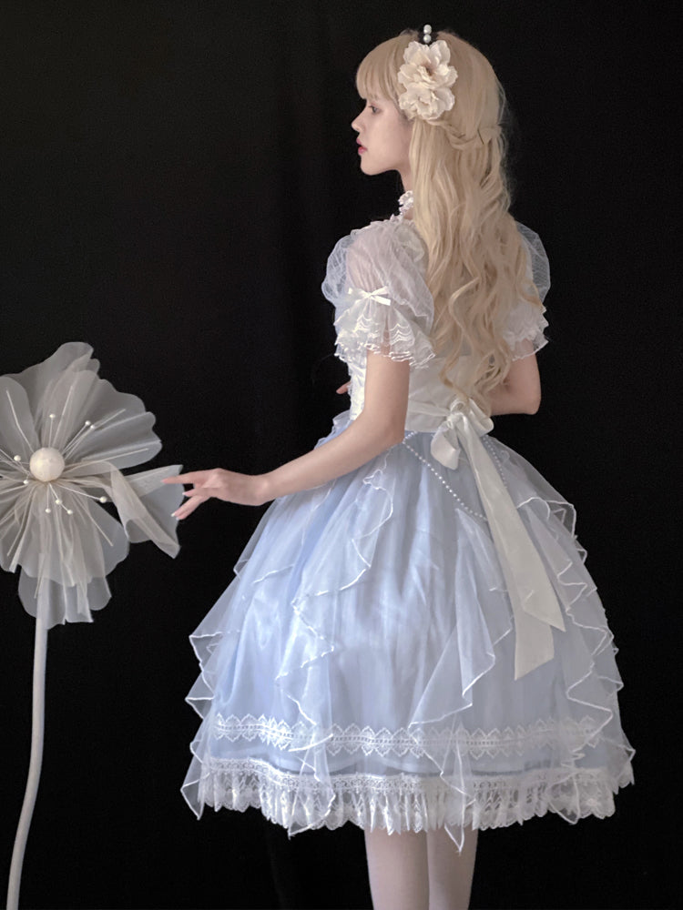 Hime Lolita Light Blue Sheer Tulle Dress One- piece Dress Lolita Clothing