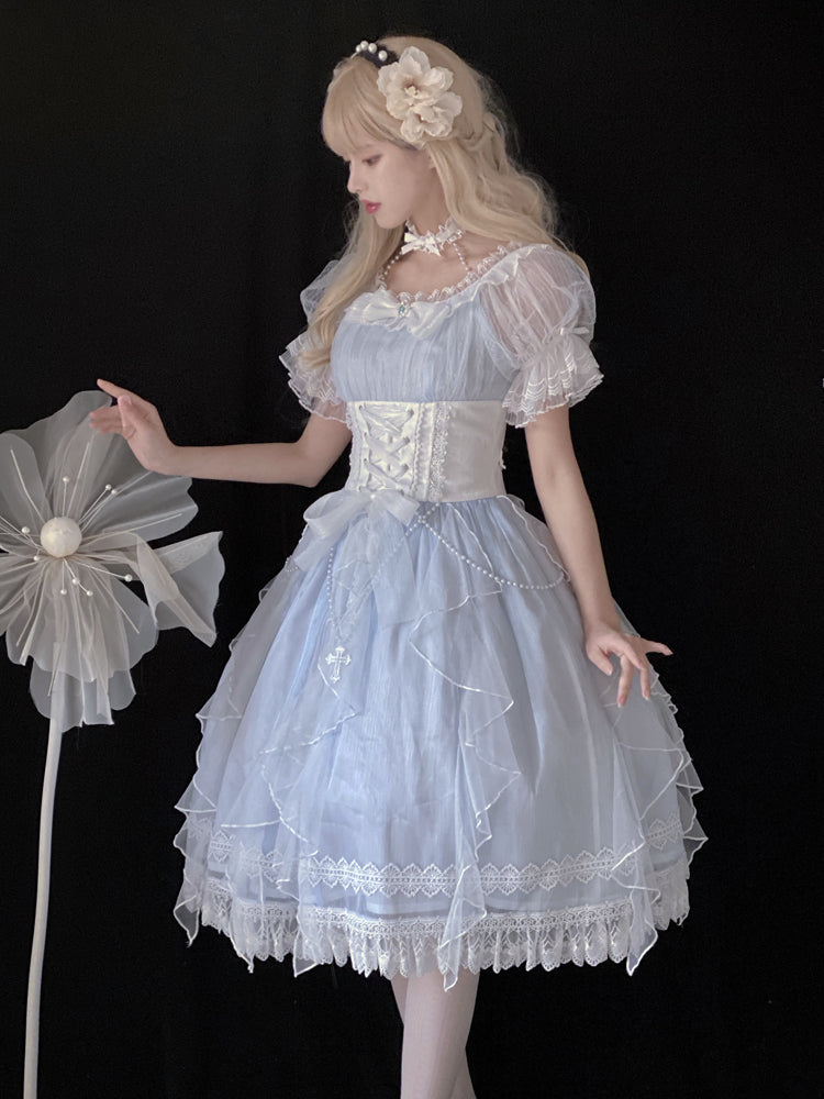Hime Lolita Light Blue Sheer Tulle Dress One- piece Dress Lolita Clothing