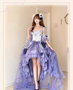 [Pre] Hime Lolita Misty Purple Embroidery Bow Asymmetrical Short Front Long Back Sweet Ballet Lolita JSK