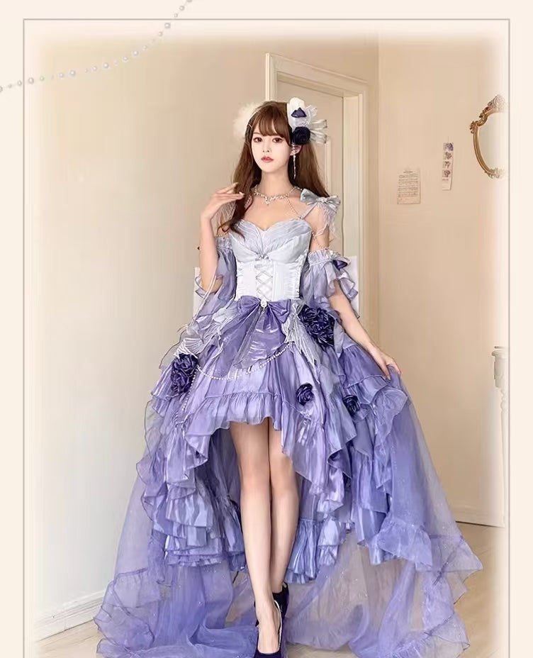 [Pre] Hime Lolita Misty Purple Embroidery Bow Asymmetrical Short Front Long Back Sweet Ballet Lolita JSK