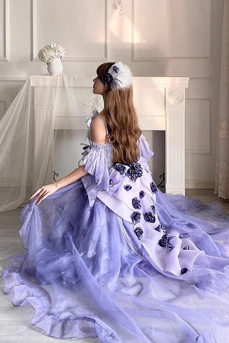 [Pre] Hime Lolita Misty Purple Embroidery Bow Asymmetrical Short Front Long Back Sweet Ballet Lolita JSK