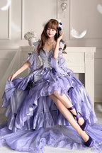 [Pre] Hime Lolita Misty Purple Embroidery Bow Asymmetrical Short Front Long Back Sweet Ballet Lolita JSK
