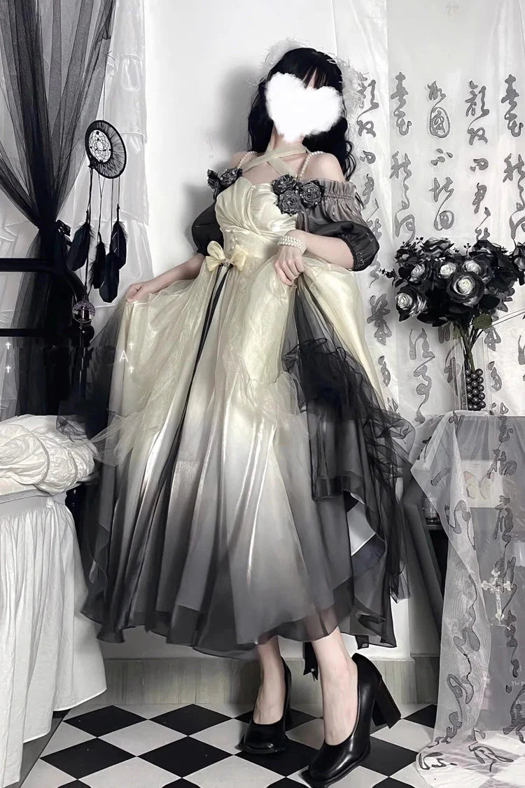 Inspired by the fluid artistry of ink painting, this JSK captures the ethereal beauty of gradient hues merging like watercolor on silk. The delicate bow details and opulent silhouette evoke a sense of royal sweetness, while the ombre design transitions from deep mystery to soft lightness—mirroring the poetic balance between Lolita fantasy and timeless elegance. Each wear becomes a canvas where tradition and dream converge.