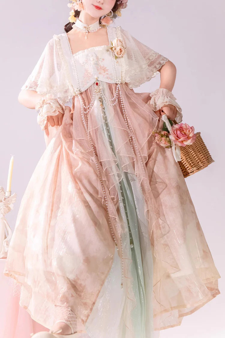 Hime Lolita Pink Ruffled Lace Sweet Chinese Style Elegant Princess Lolita JSK Dress Set