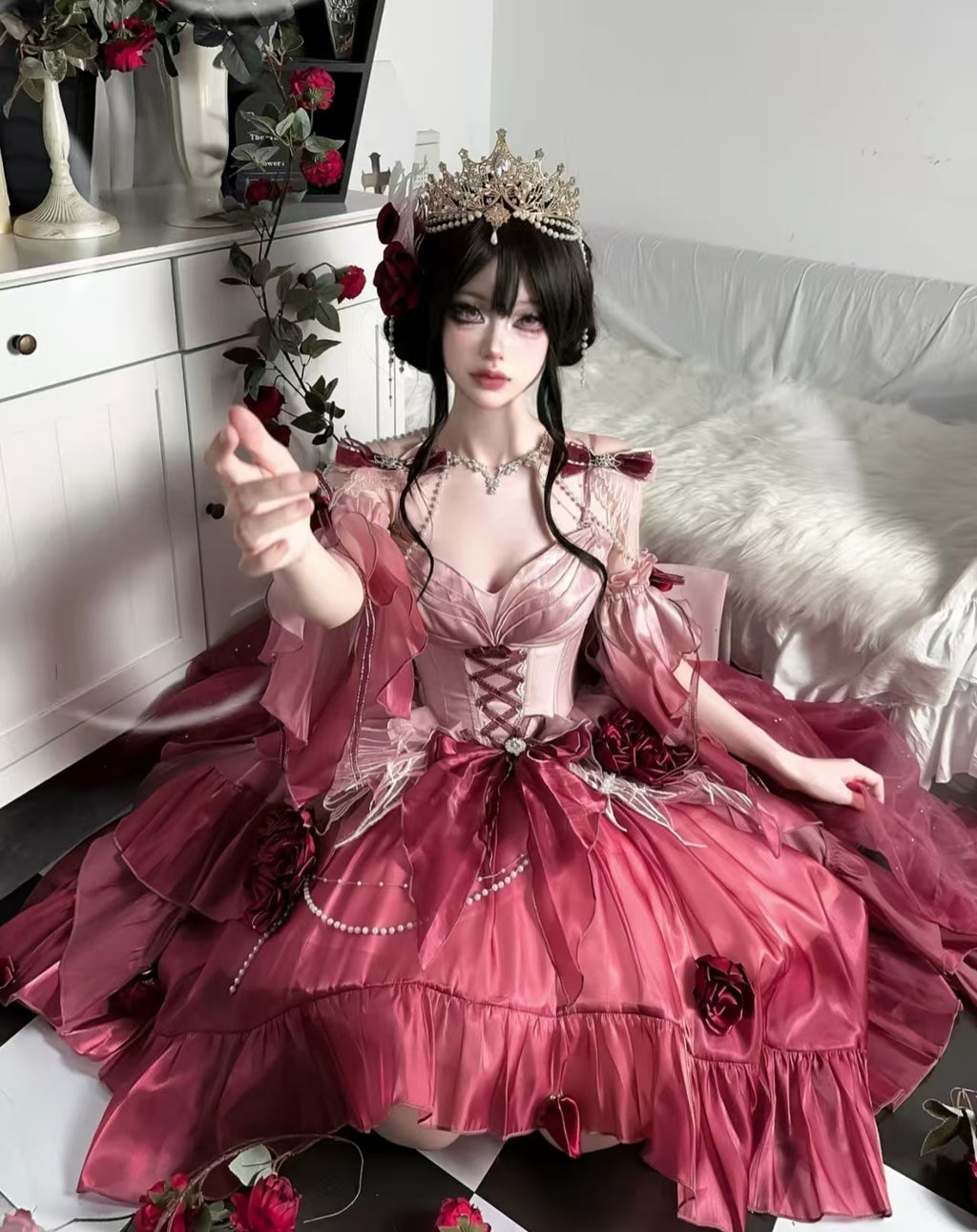 [Pre] Hime Lolita Plum Red Noble Embroidery Bow Asymmetrical Short Front Long Back Sweet Ballet Lolita JSK