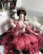 [Pre] Hime Lolita Plum Red Noble Embroidery Bow Asymmetrical Short Front Long Back Sweet Ballet Lolita JSK