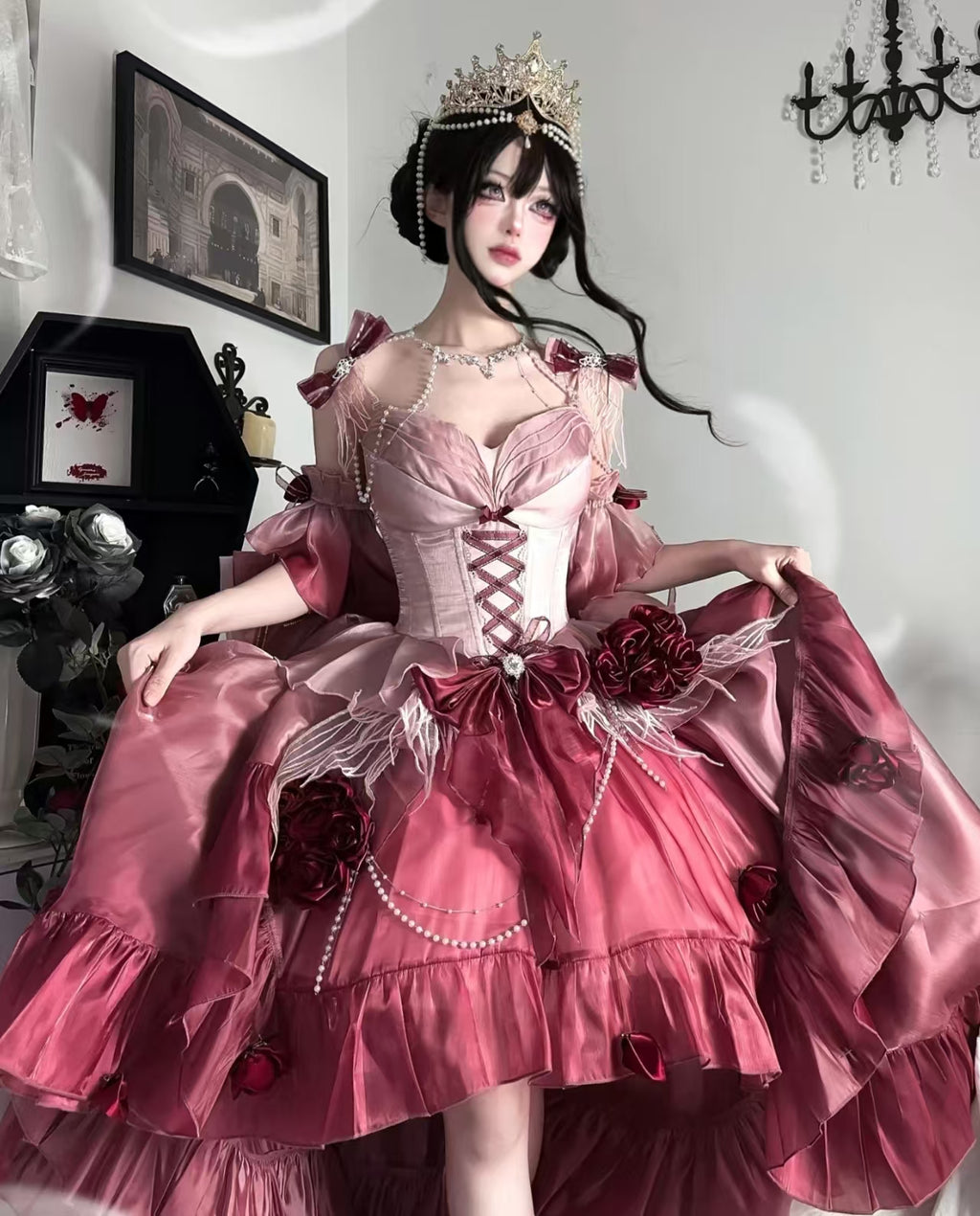 [Pre] Hime Lolita Plum Red Noble Embroidery Bow Asymmetrical Short Front Long Back Sweet Ballet Lolita JSK