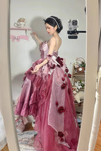 [Pre] Hime Lolita Plum Red Noble Embroidery Bow Asymmetrical Short Front Long Back Sweet Ballet Lolita JSK