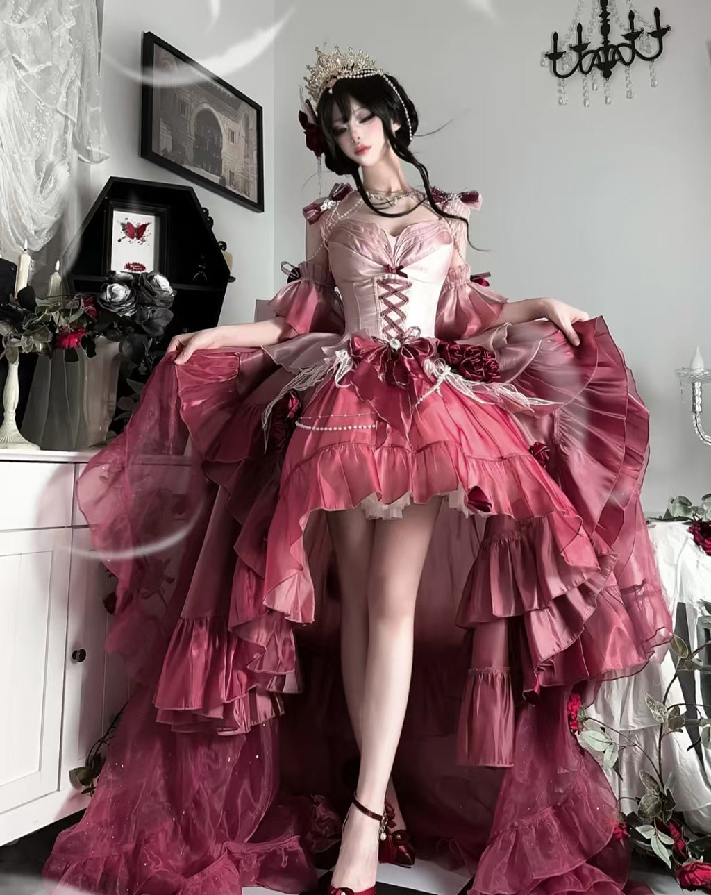 [Pre] Hime Lolita Plum Red Noble Embroidery Bow Asymmetrical Short Front Long Back Sweet Ballet Lolita JSK