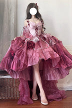 [Pre] Hime Lolita Plum Red Noble Embroidery Bow Asymmetrical Short Front Long Back Sweet Ballet Lolita JSK