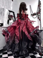 Hime Lolita Rose Red Birthday Party Romantic Prom Dress Bowknot Princess Style Ball Gown