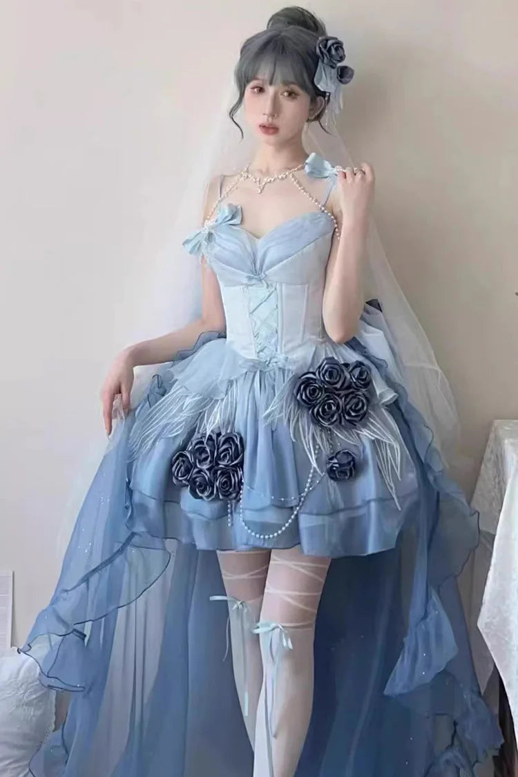 [Pre] Hime Lolita Sky Blue Embroidery Elegant Bow Tie Sweet Ballet Lolita JSK Short Version