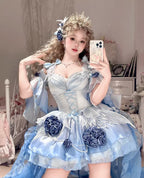 [Pre] Hime Lolita Sky Blue Embroidery Elegant Bow Tie Sweet Ballet Lolita JSK Short Version