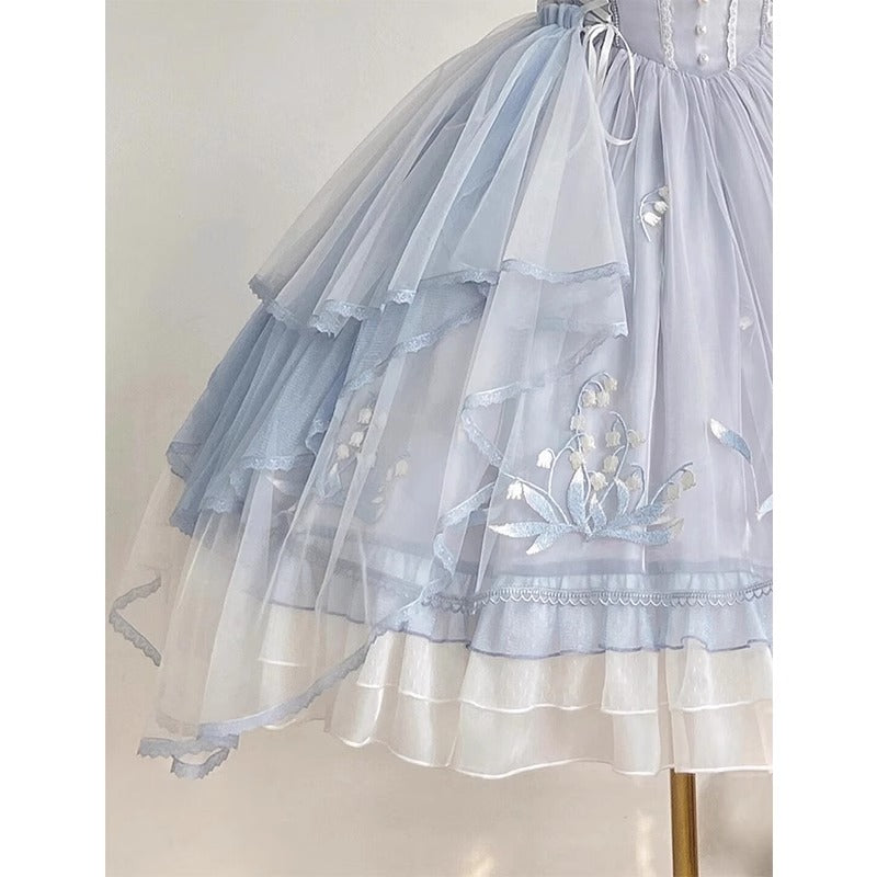 Hime Lolita Soft Blue Embroider One- Piece Dress Ruffle Lace