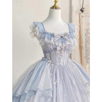 Hime Lolita Soft Blue Embroider One- Piece Dress Ruffle Lace