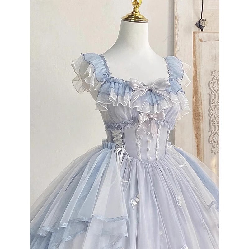 Hime Lolita Soft Blue Embroider One- Piece Dress Ruffle Lace