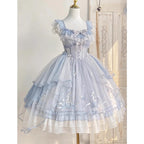 Hime Lolita Soft Blue Embroider One- Piece Dress Ruffle Lace