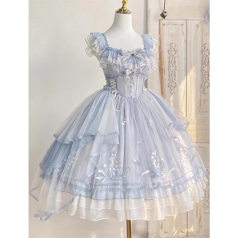 Hime Lolita Soft Blue Embroider One- Piece Dress Ruffle Lace