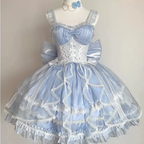 Hime Lolita Sweet Blue Gorgeous Lace Multi-layer Ballet Princess Dress Puff Sleeves Summer