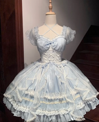 Hime Lolita Sweet Blue Gorgeous Lace Multi-layer Ballet Princess Dress Puff Sleeves Summer