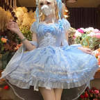 Hime Lolita Sweet Blue Gorgeous Lace Multi-layer Ballet Princess Dress Puff Sleeves Summer