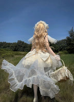 Hime Lolita Sweet Lolita Prom Dresses Ivory Ruffles Princess Wedding Dress Bow Dress Tail JSK