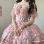 Hime Lolita Sweet Pink Gorgeous Lace Multi-layer Ballet Princess Dress Puff Sleeves Summer