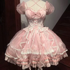 Hime Lolita Sweet Pink Gorgeous Lace Multi-layer Ballet Princess Dress Puff Sleeves Summer