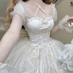 Hime Lolita Sweet White Gorgeous Lace Multi-layer Ballet Princess Dress Puff Sleeves Summer