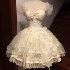 Hime Lolita Sweet White Gorgeous Lace Multi-layer Ballet Princess Dress Puff Sleeves Summer