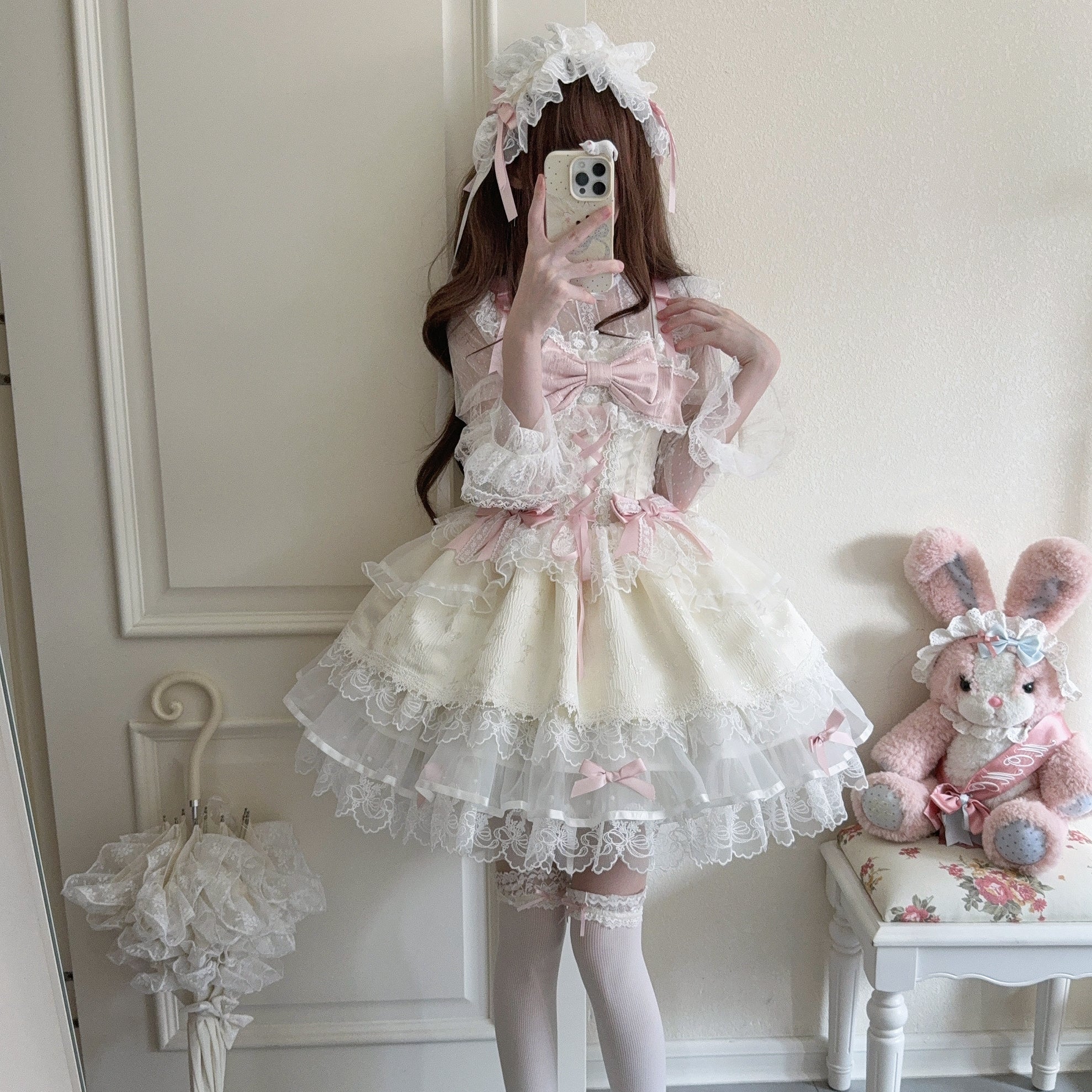 Hime Lolita Sweet with Big Bow Apricot Cake Ruffle Lace Dress Jumper Skirt Summer