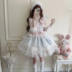 Hime Lolita Sweet with Big Bow Blue Cake Ruffle Lace Dress Jumper Skirt Summer