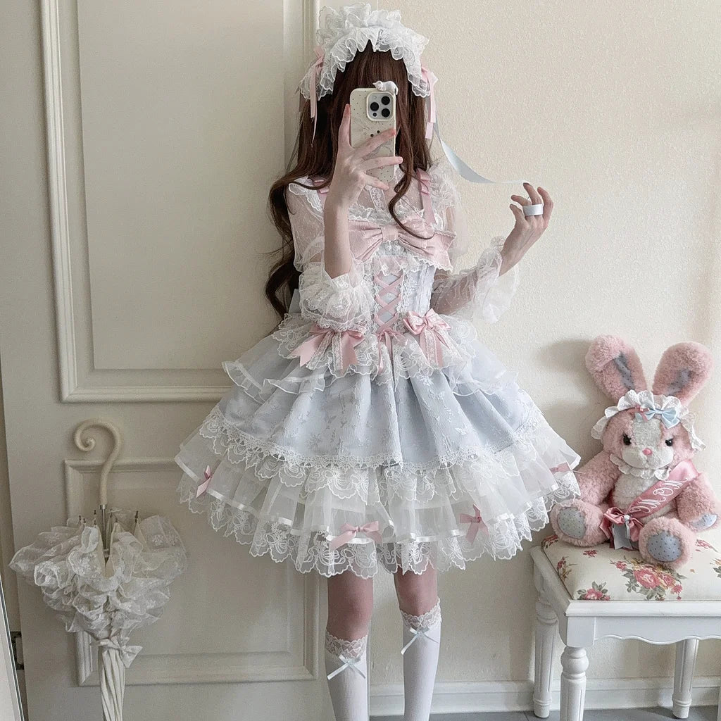 Hime Lolita Sweet with Big Bow Blue Cake Ruffle Lace Dress Jumper Skirt Summer