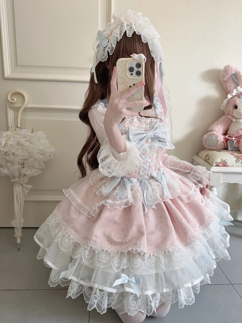 Hime Lolita Sweet with Big Bow Pink Cake Ruffle Lace Dress Jumper Skirt Summer