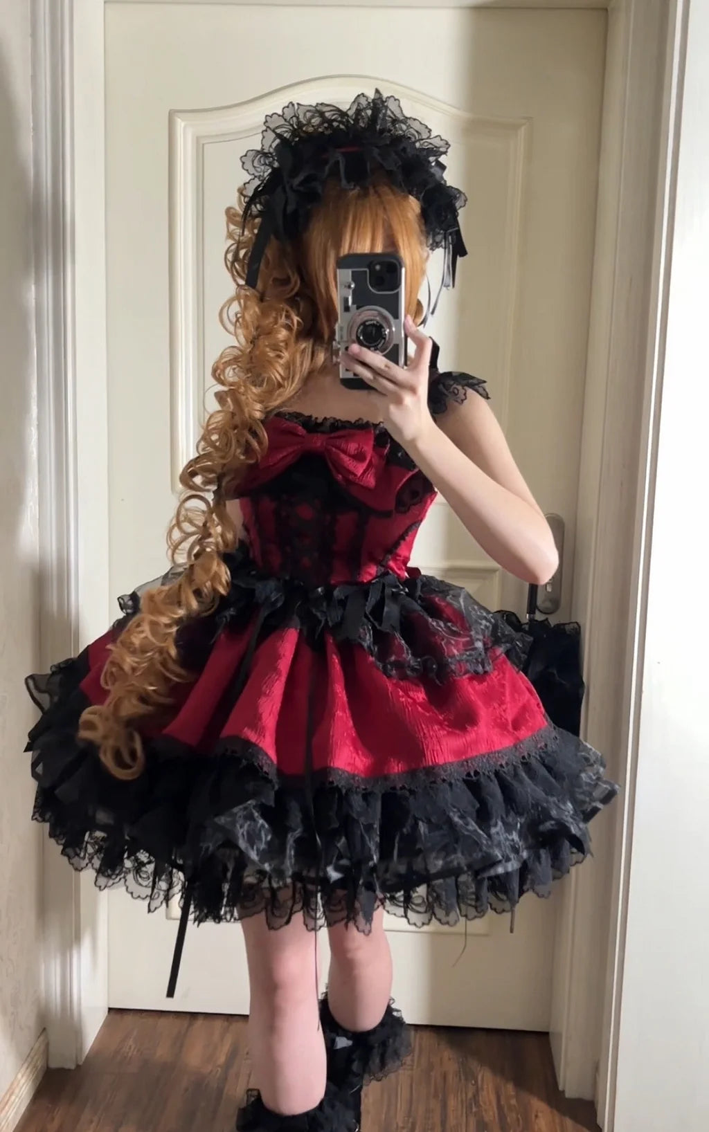Hime Lolita Sweet with Big Bow Red Cake Ruffle Lace Dress Jumper Skirt Summer