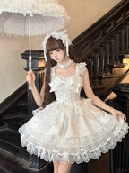 Hime Lolita Sweet with Big Bow White Wedding Cake Ruffle Lace Dress Jumper Skirt Summer