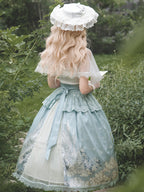 Hime Lolita Tea Party Fashion Vintage Sky Blue Castle Print Dress Lace One-piece Dress
