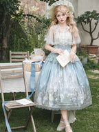 Hime Lolita Tea Party Fashion Vintage Sky Blue Castle Print Dress Lace One-piece Dress